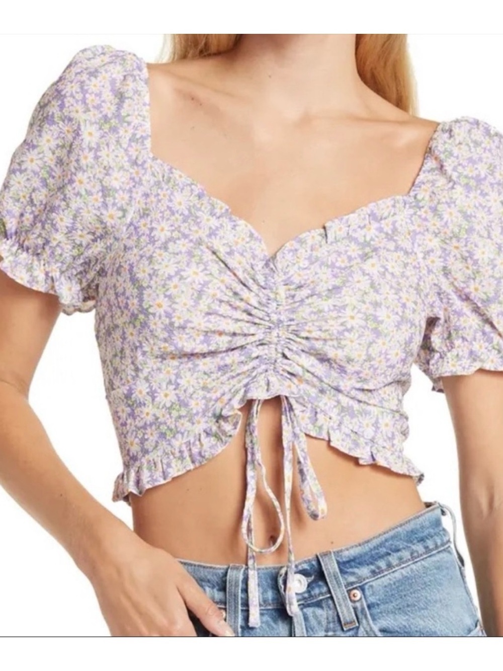 Elodie Lavender Daisy Ruched Drawstring Crop Top